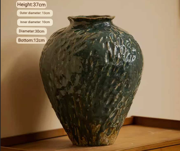 Wabi-Sabi Distressed Rustic Vases With Dark Gren Glaze