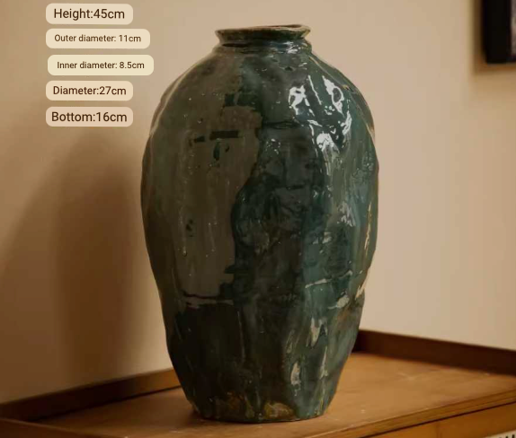 Wabi-Sabi Distressed Rustic Vase with dark green glaze, earthy home decor accent.
