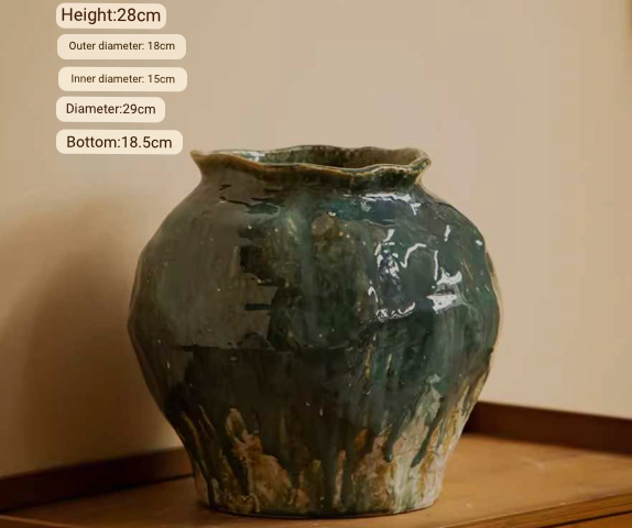 Wabi-Sabi Distressed Rustic Vase with dark green glaze, on wooden shelf, home decor.
