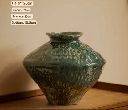 Wabi-Sabi Distressed Rustic Vases With Dark Gren Glaze