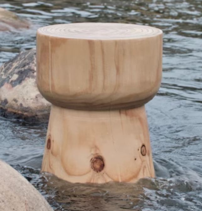 Natural wood stool in water. Customizable size solid wood stool with visible grain and knots.