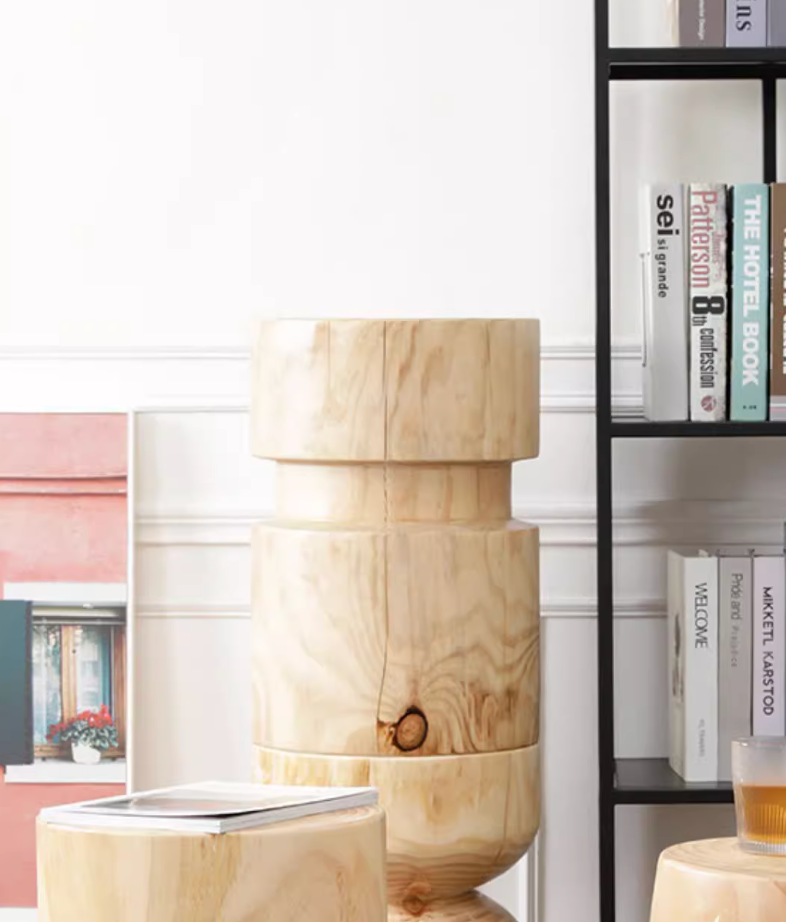 Natural wood solid stools, customizable size, shown in a modern home decor setting with books.