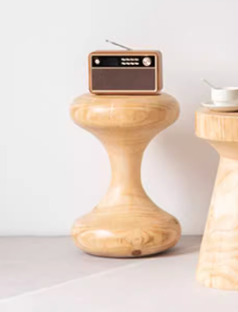 Natural wood solid wood stools with retro radio and cup decor