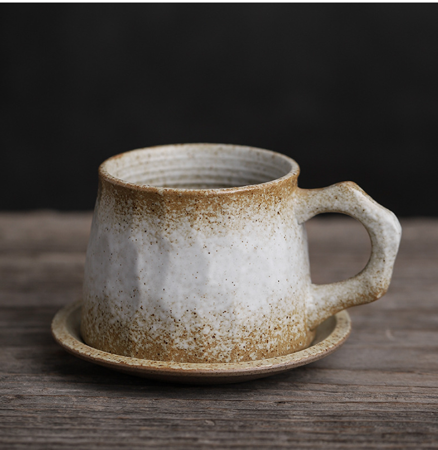Stoneware Mug 10.14oz with Free Saucer: rustic white and brown speckled ceramic coffee cup.