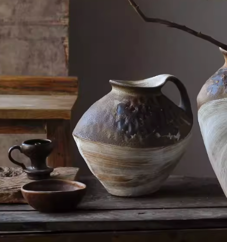 Wabi-sabi clay pot with brush effect, rustic home decor.