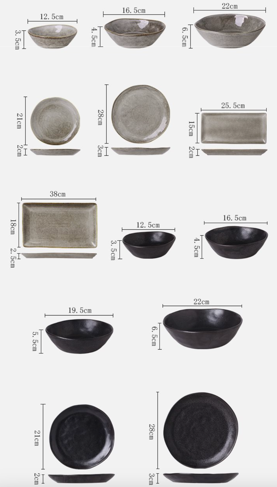 Japanese Style Retro Ceramic Plates in reactive glaze stoneware, various sizes shown.