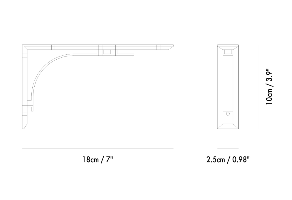 Line drawing of a brass shelf bracket with dimensions indicated.