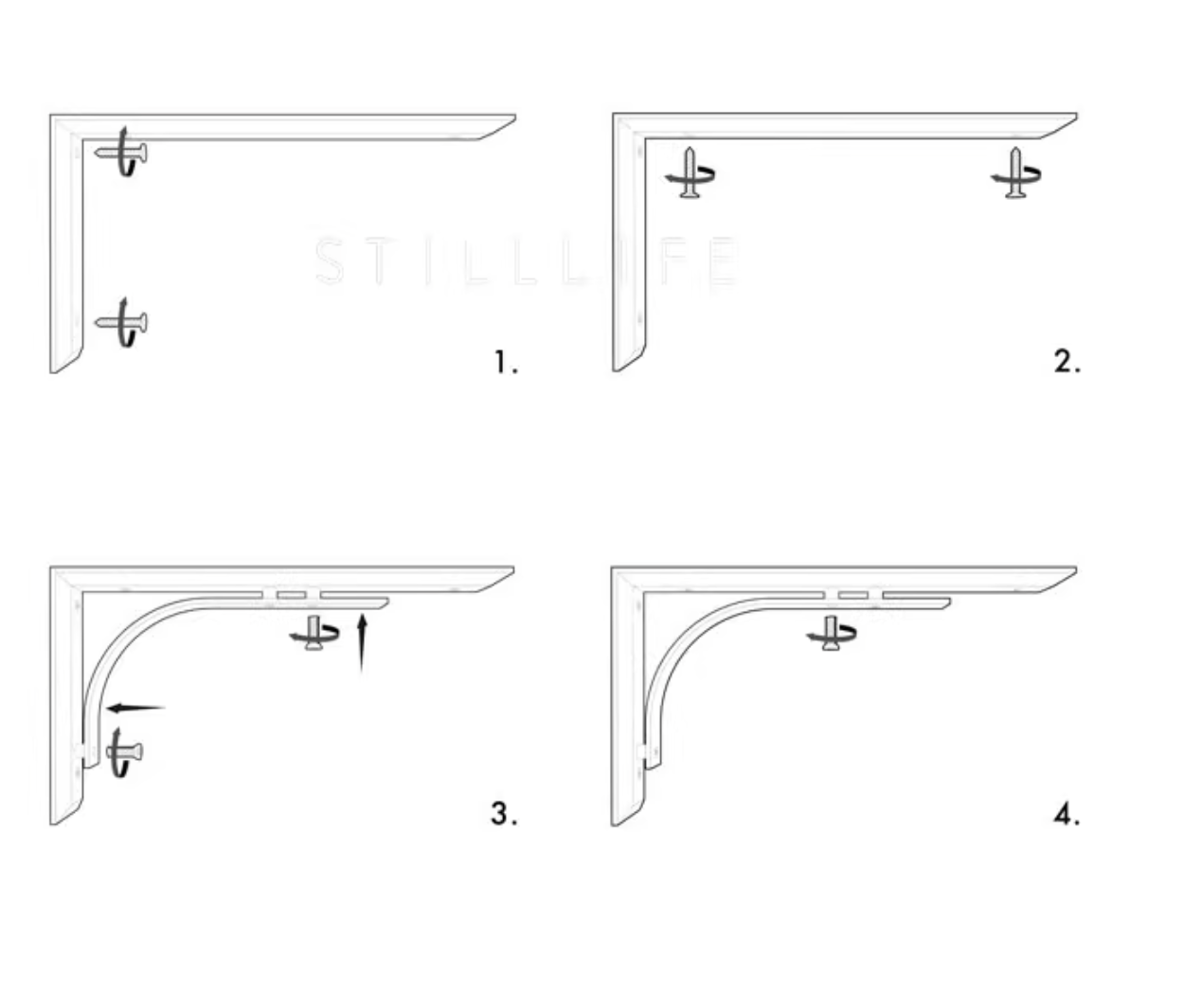 Line drawing showing installation steps for a brass shelf bracket.