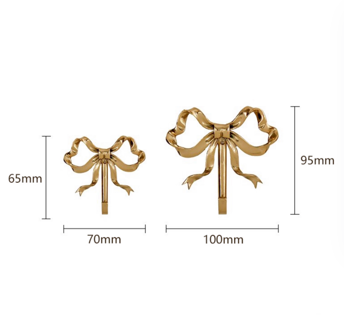 Gold tie brass wall hooks in two sizes, elegant home decor accents.