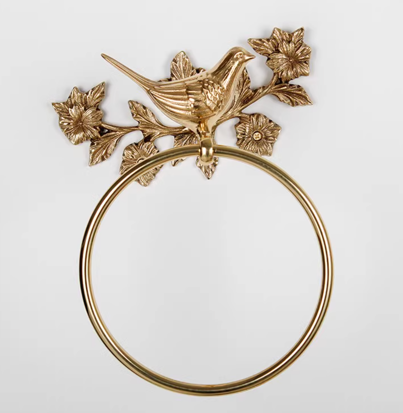 Brass Bird Bathroom Set: decorative towel rack with a bird on a floral branch.