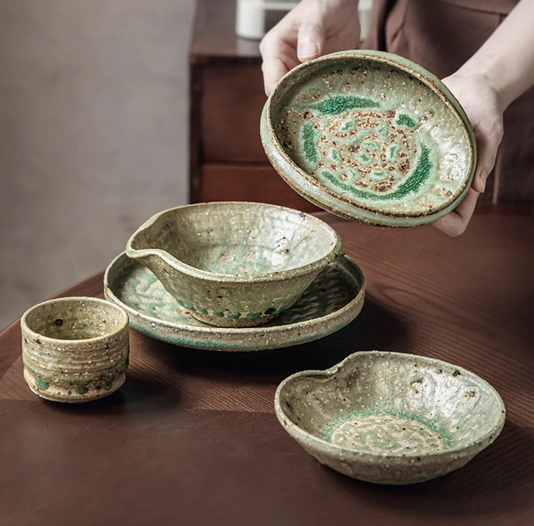 Handcrafted green & brown ceramic dinnerware set.