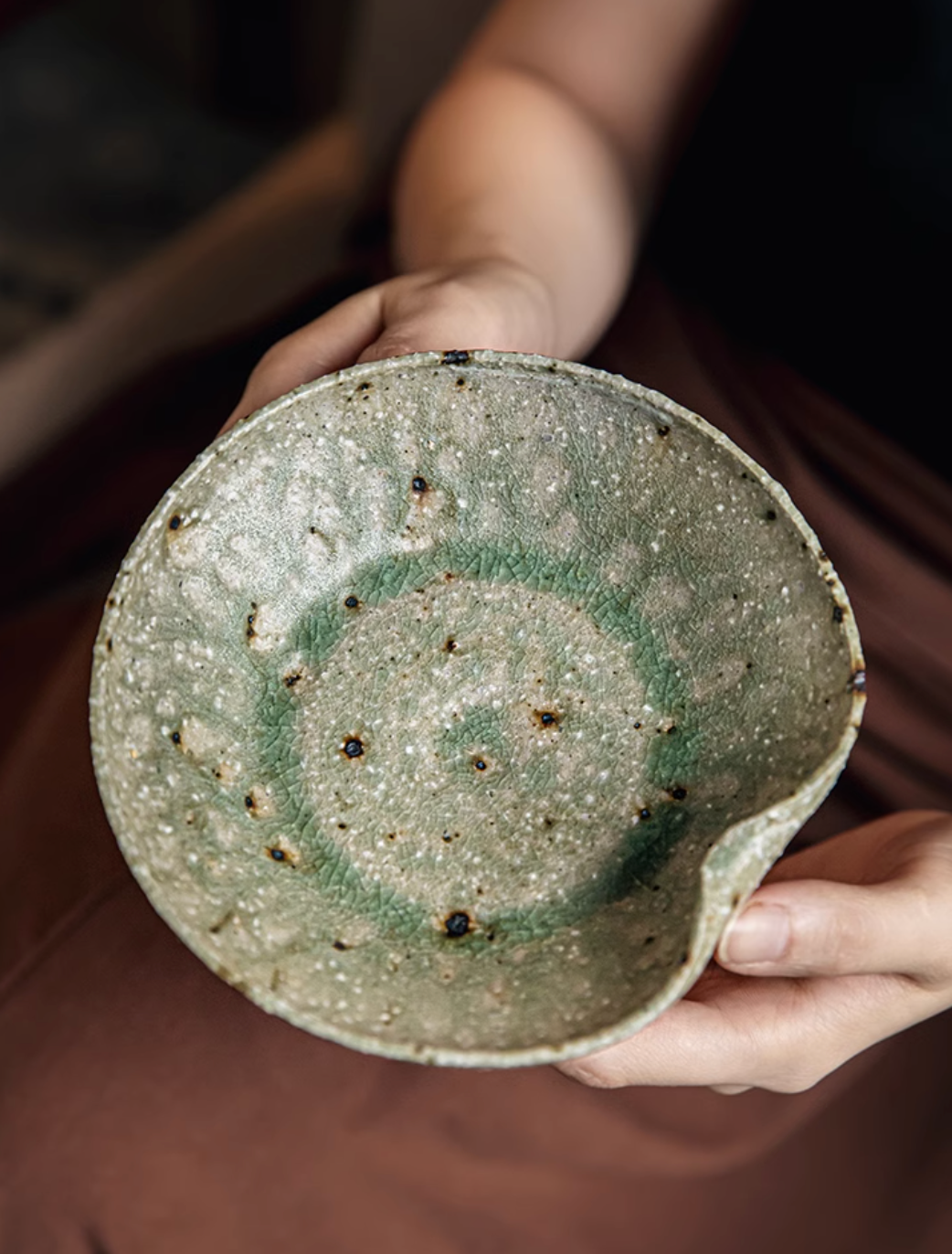 Hand-thrown green & brown ceramic bowl, unique glaze.