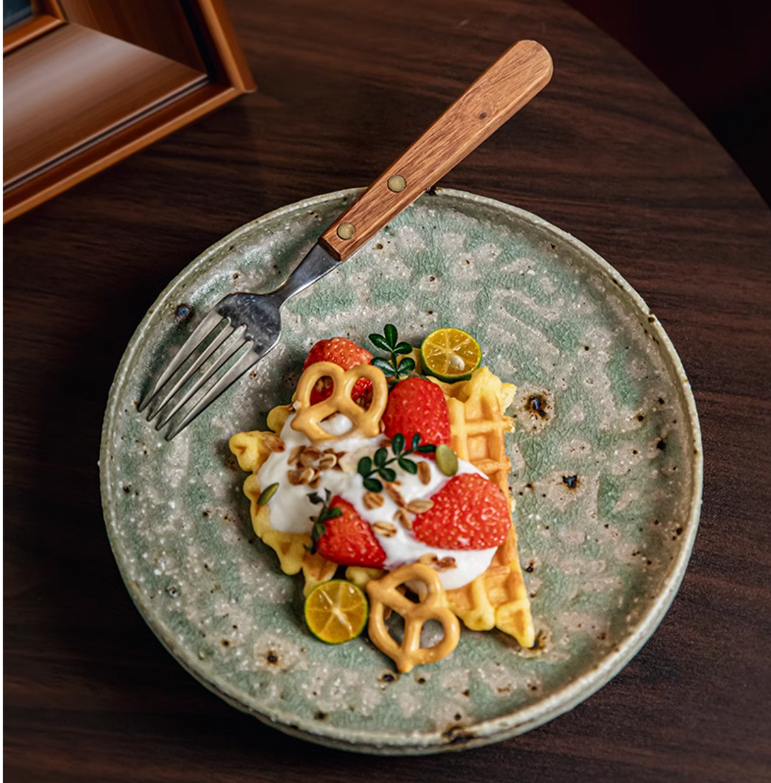 Green & brown handcrafted dinnerware plate, food styling.