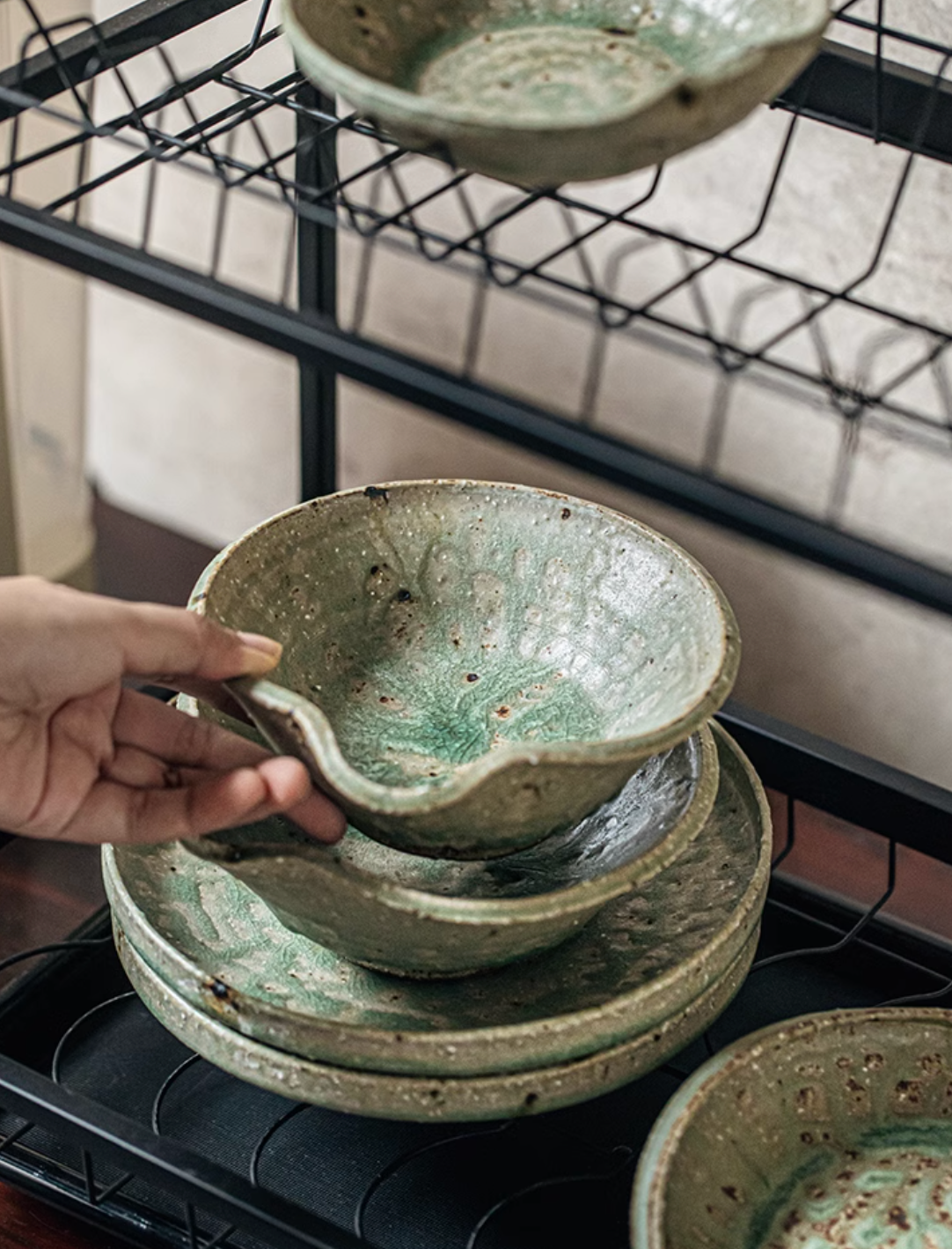 Handcrafted green & brown ceramic dinnerware set.  Unique reactive glaze, irregular shapes.  Durable, versatile.