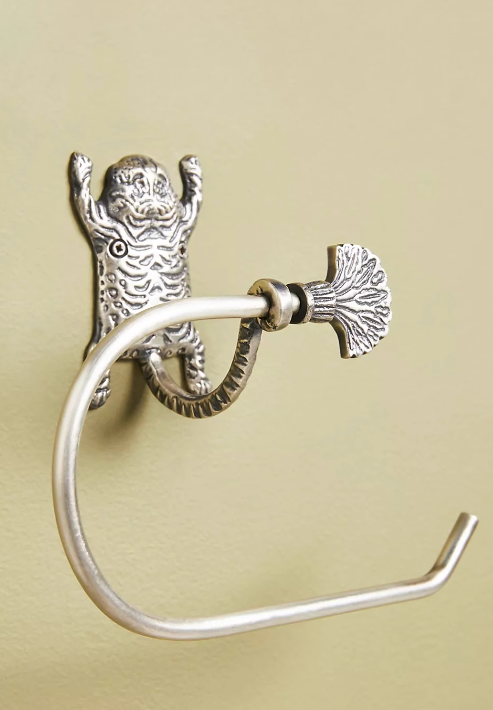 Silver tiger-inspired toilet paper holder from the Gold Tiger-Inspired Bathroom Accessories Set.