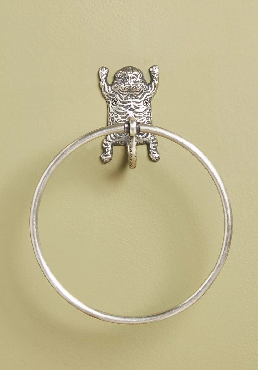 Silver tiger-inspired towel ring for bathroom decor, part of the Gold Tiger Bathroom Accessories Set.