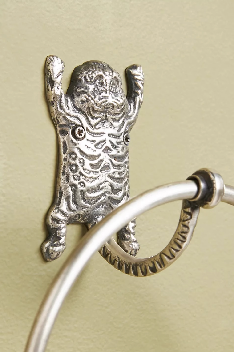 Silver tiger hook and towel ring, part of Gold Tiger-Inspired Bathroom Accessories Set.