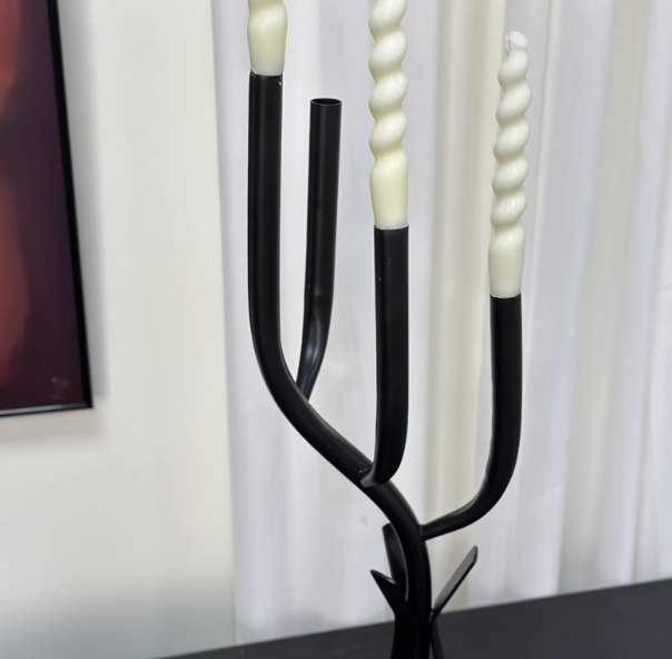 Modern Branch Candle Holder: Black metal candelabra with cream twisted candles, home decor.