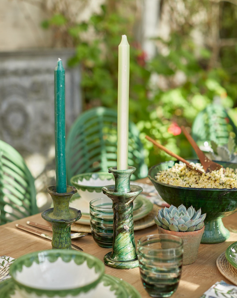 Rustic Green Glazed Ceramic Candlestick Holder - Tamegroute Style Pottery - Mid Century Modern Table Centerpiece (Handmade Reproduction)