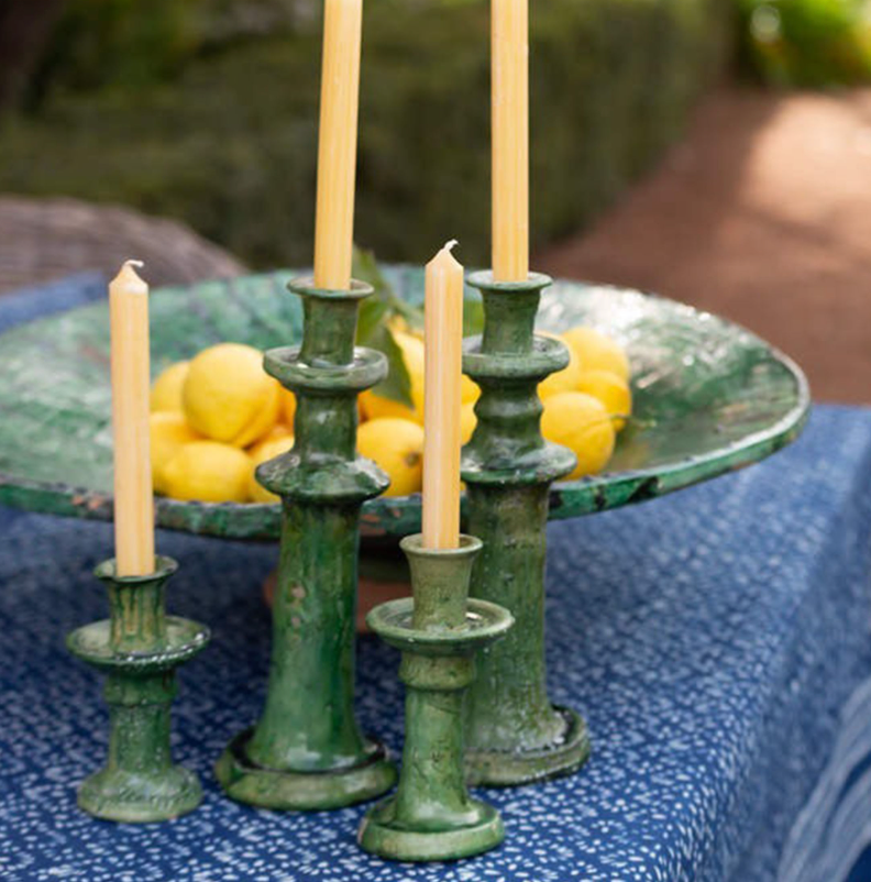 Rustic Green Glazed Ceramic Candlestick Holder - Tamegroute Style Pottery - Mid Century Modern Table Centerpiece (Handmade Reproduction)