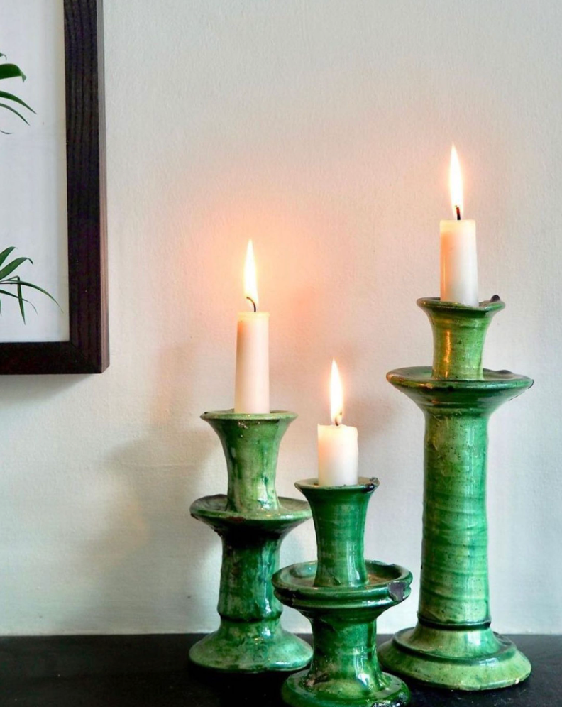 Rustic Green Glazed Ceramic Candlestick Holder - Tamegroute Style Pottery - Mid Century Modern Table Centerpiece (Handmade Reproduction)