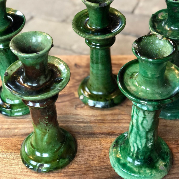 Rustic Green Glazed Ceramic Candlestick Holder - Tamegroute Style Pottery - Mid Century Modern Table Centerpiece (Handmade Reproduction)