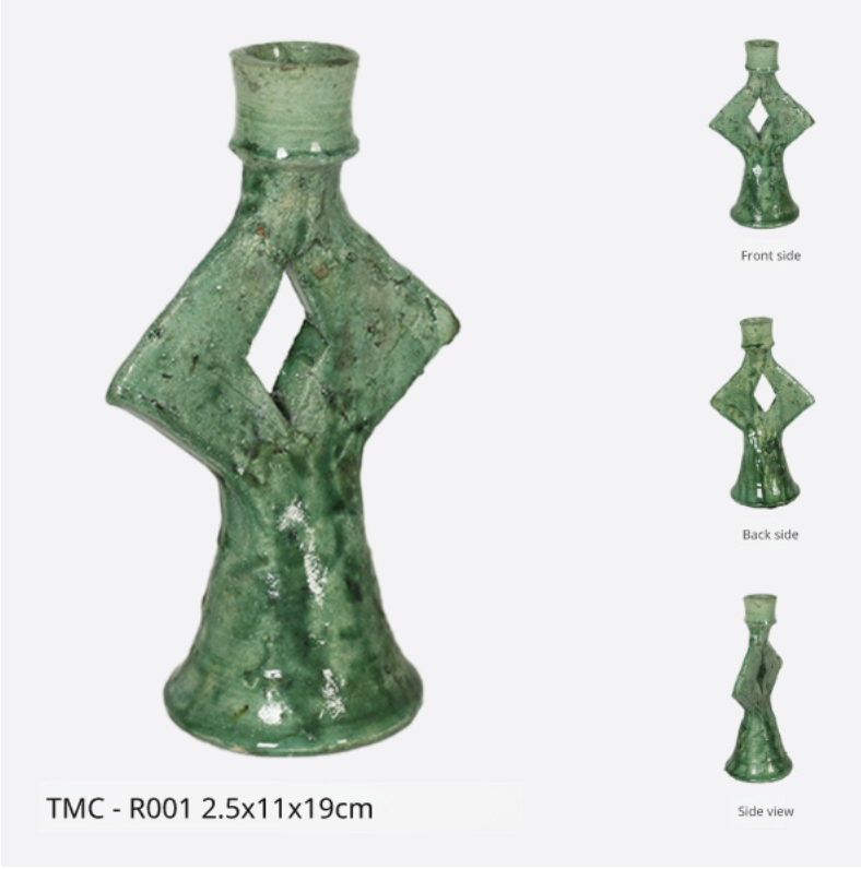 Rustic Green Glazed Ceramic Candlestick Holder - Tamegroute Style Pottery - Mid Century Modern Table Centerpiece (Handmade Reproduction)