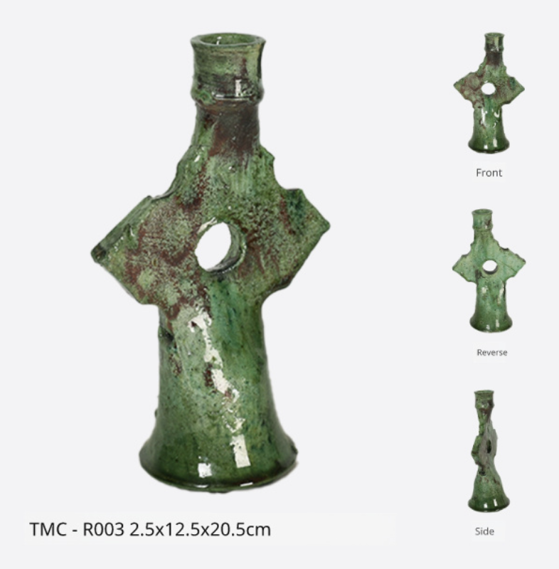 Rustic Green Glazed Ceramic Candlestick Holder - Tamegroute Style Pottery - Mid Century Modern Table Centerpiece (Handmade Reproduction)