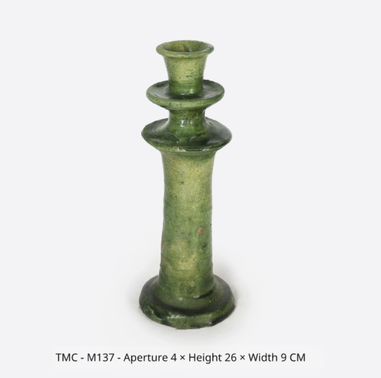 Rustic Green Glazed Ceramic Candlestick Holder - Tamegroute Style Pottery - Mid Century Modern Table Centerpiece (Handmade Reproduction)