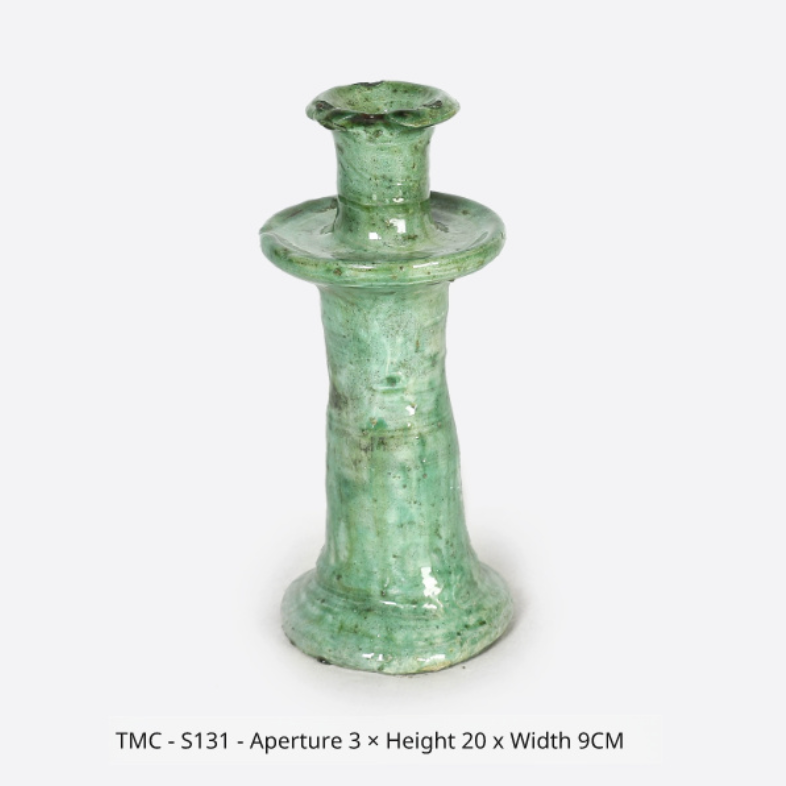 Rustic Green Glazed Ceramic Candlestick Holder - Tamegroute Style Pottery - Mid Century Modern Table Centerpiece (Handmade Reproduction)