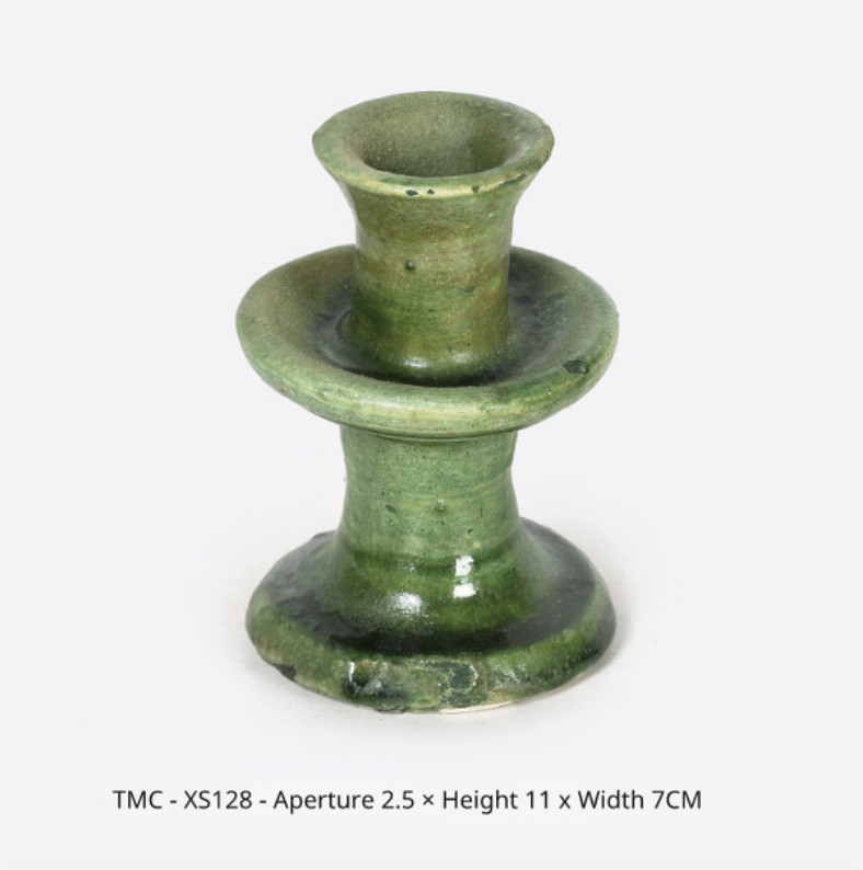 Rustic Green Glazed Ceramic Candlestick Holder - Tamegroute Style Pottery - Mid Century Modern Table Centerpiece (Handmade Reproduction)