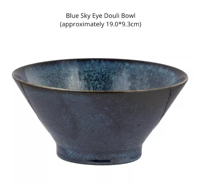 Close-up of a 7.2-inch sloped bowl (Doutou bowl) in dark blue speckled ceramic, isolated on white.