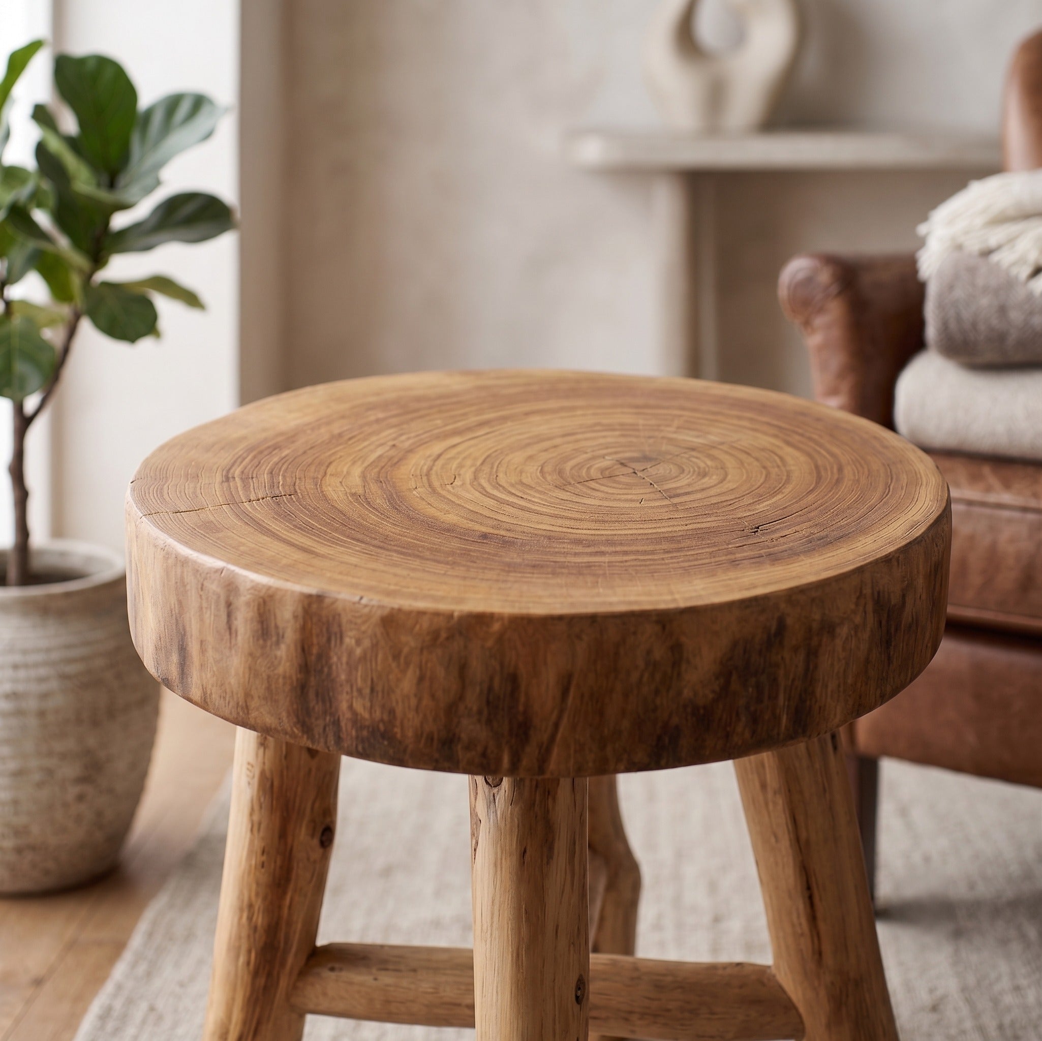 Close-up shot of a rustic solid wood stool, highlighting the natural end-grain tree rings on top and textured wooden leg joinery.