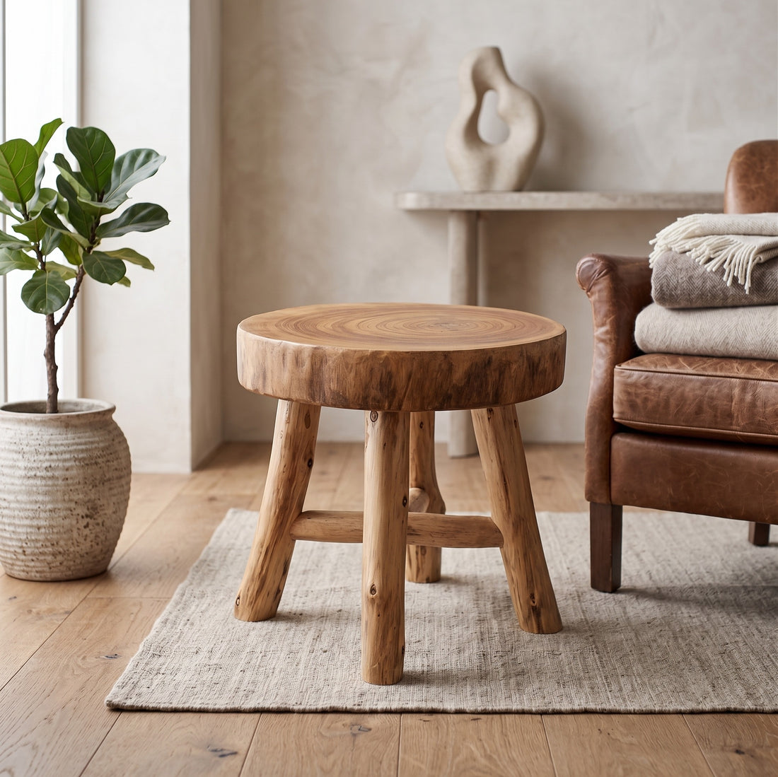 Handcrafted rustic wooden stool with a round tree-slice top and raw branch legs, styled in a minimalist living room next to a brown leather armchair and potted plant.