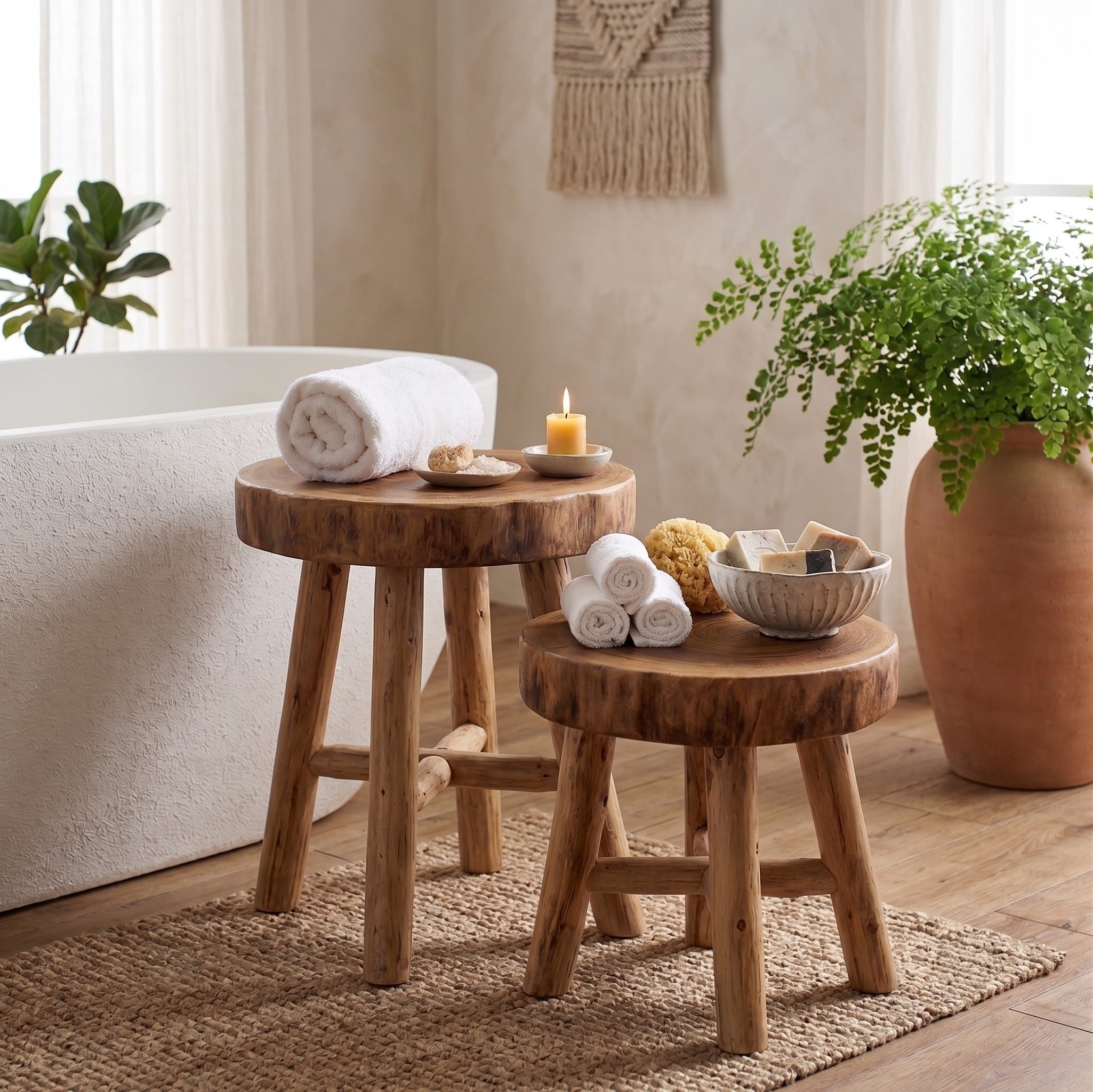Pair of nesting rustic wooden stools styled in a bright bathroom next to a soaking tub, decorated with rolled towels, a candle, and a ceramic bowl of soaps.