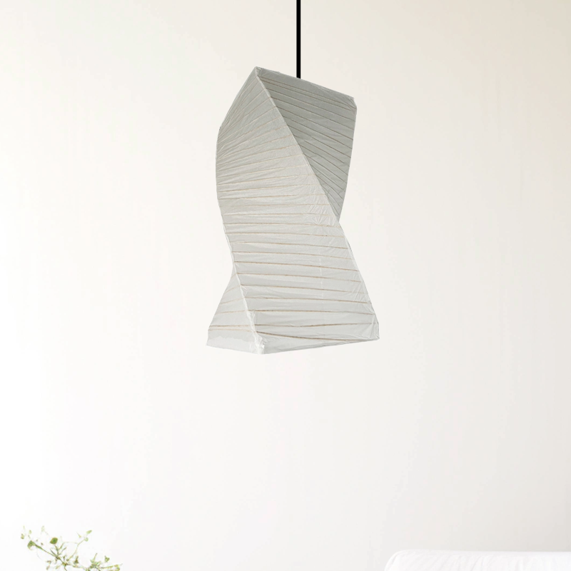 Whimsical white paper lampshade, twisted design.