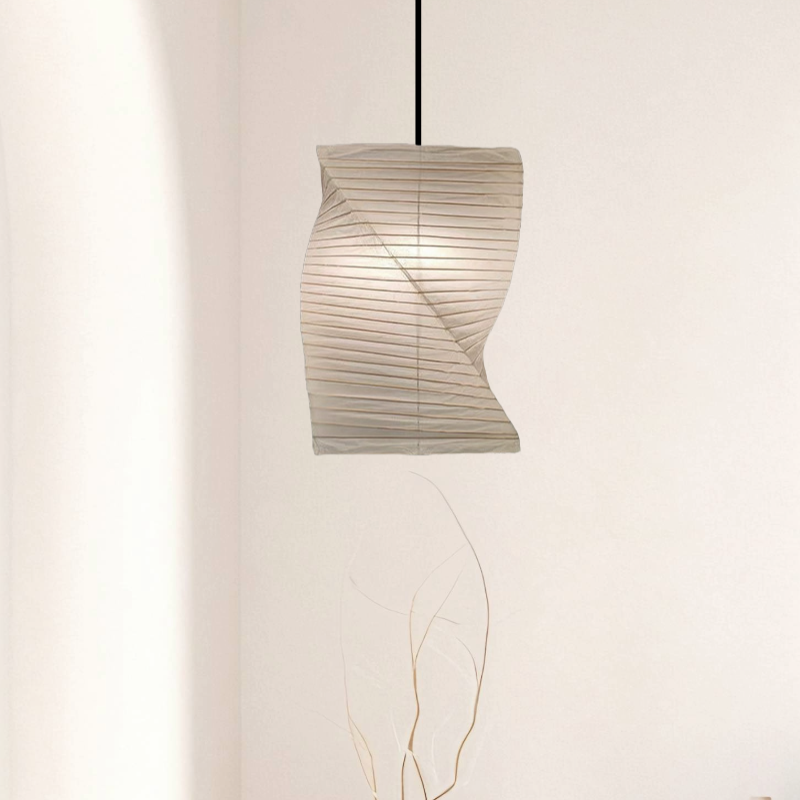 Whimsical paper lampshade, light beige, twisted design.