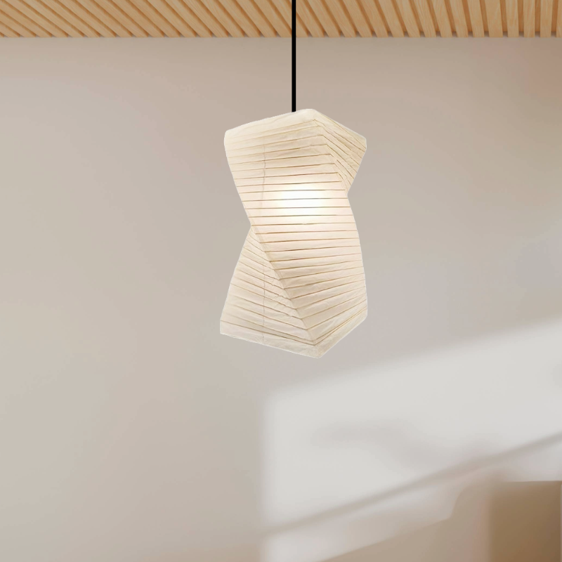 A wood-beamed ceiling with a white paper lantern hanging from it.