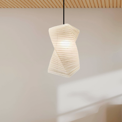  A wood-beamed ceiling with a white paper lantern hanging from it.