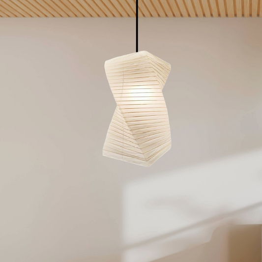  A wood-beamed ceiling with a white paper lantern hanging from it.