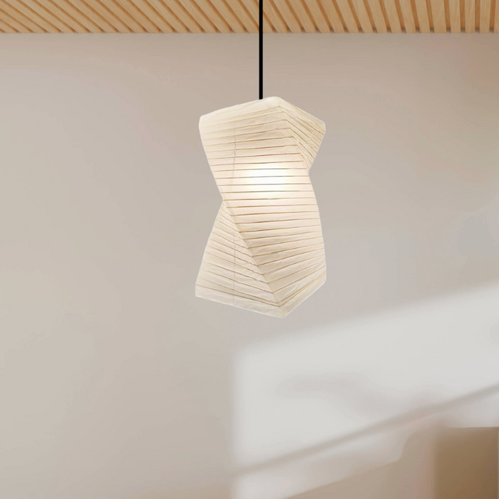 A wood-beamed ceiling with a white paper lantern hanging from it.