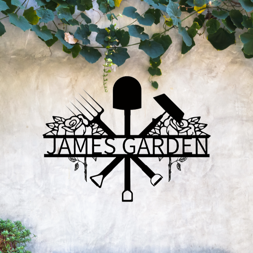 Personalized garden metal sign with gardening tools and roses, named "JAMES GARDEN", on a textured wall.