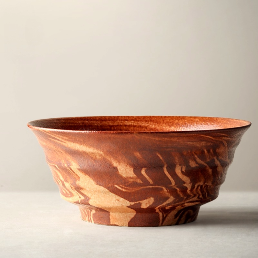 Brown & beige ceramic ramen bowl 47oz with marble effect