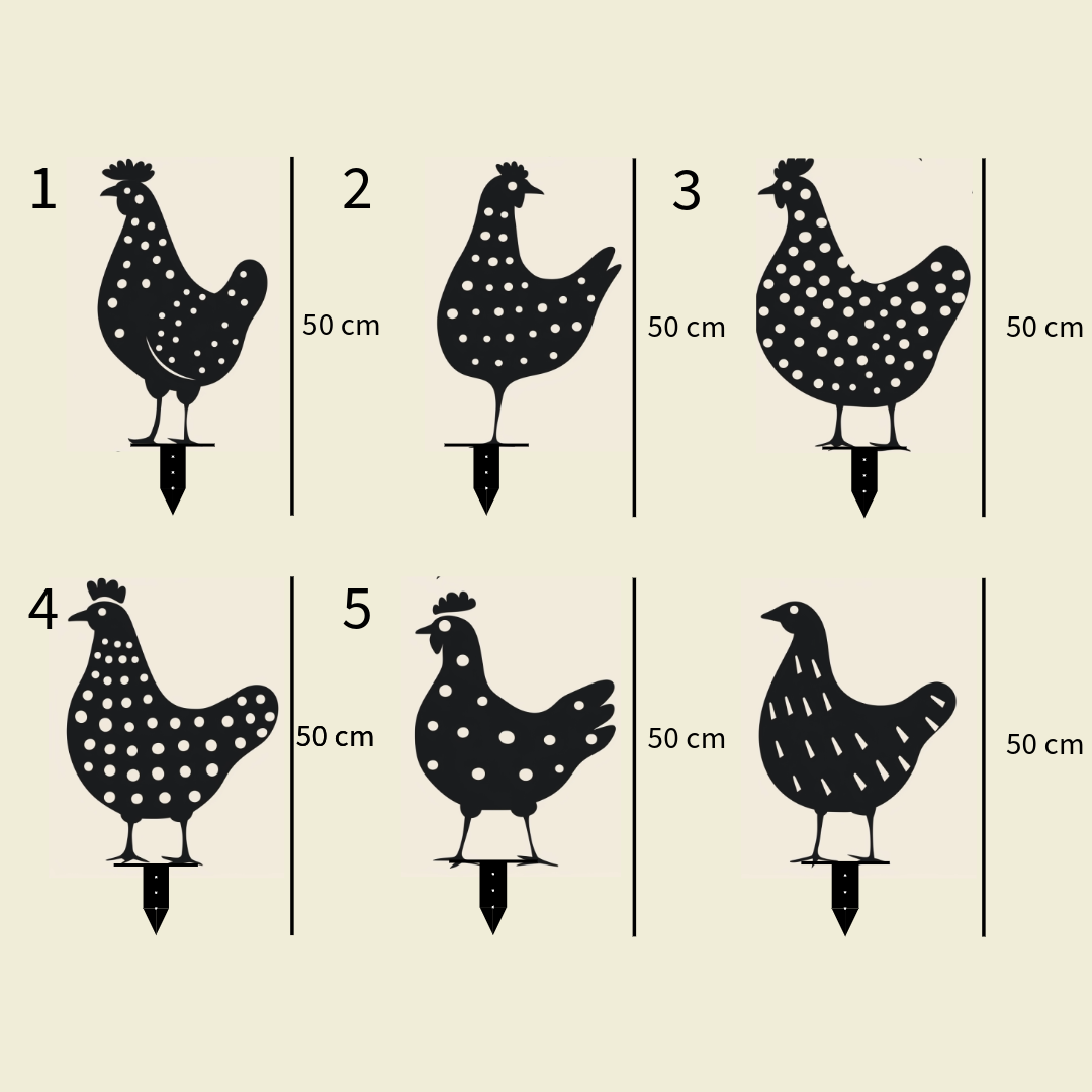 Black metal chicken farm wall signs with white polka dots and various stances. Home decor.
