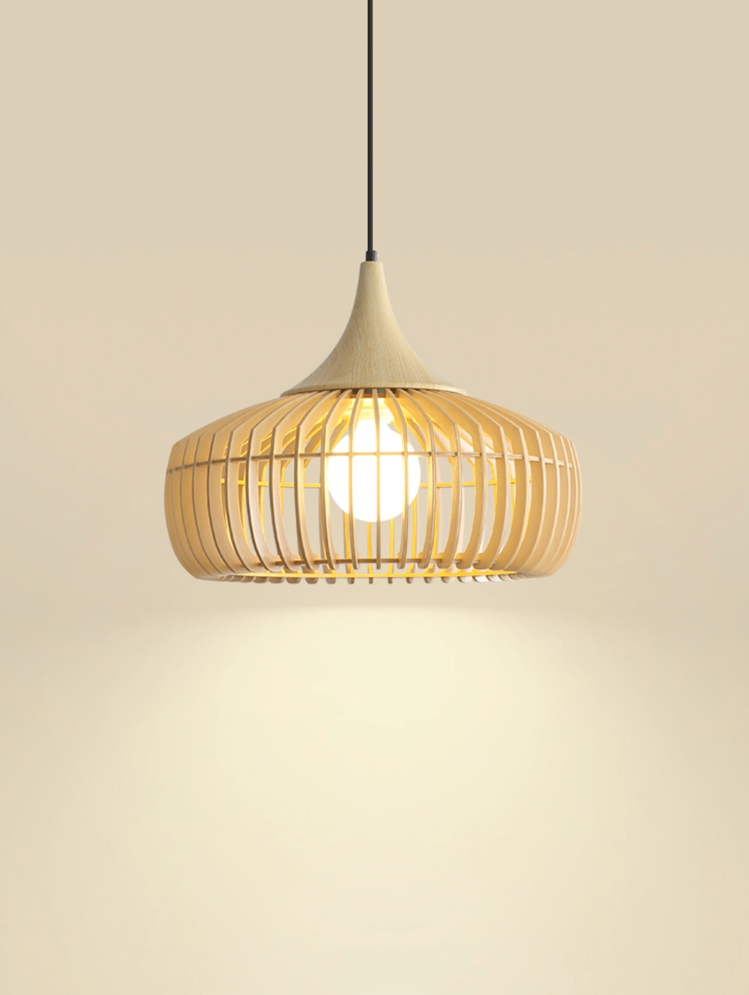 Natural wood light fixture with slats, warm glow, modern home decor