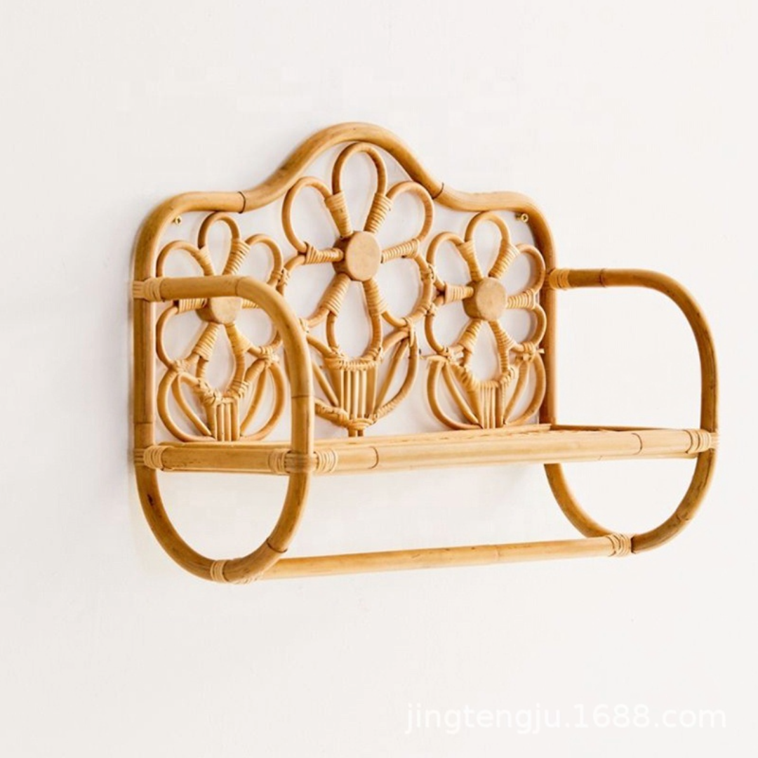 Natural rattan wall shelf with intricate flower pattern detail, beige, home decor