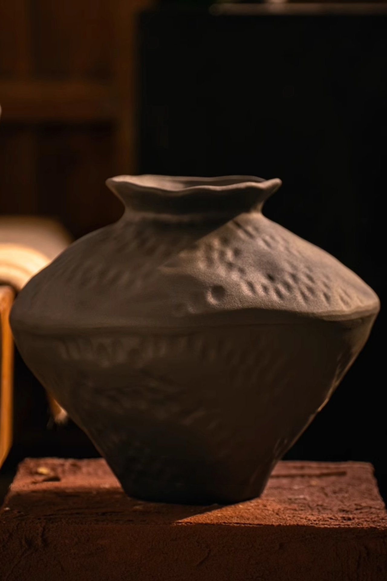 Ceramic Black Vase, irregular home decor flower vase with textured surface.