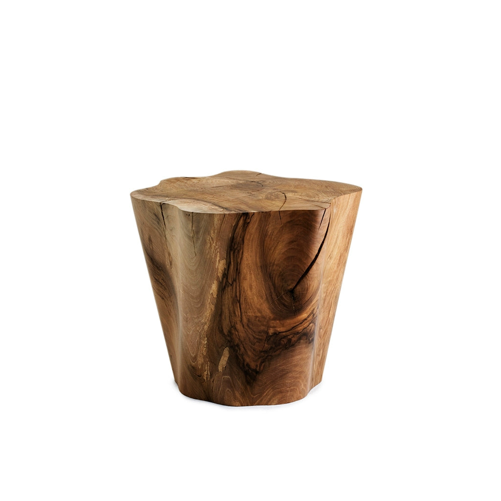 Rustic wood log side table, natural brown tones, unique wood grain and knots.