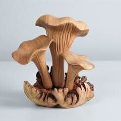 Hand-carved wooden mushroom sculpture home decor, natural wood tone, clustered fungi on textured base.