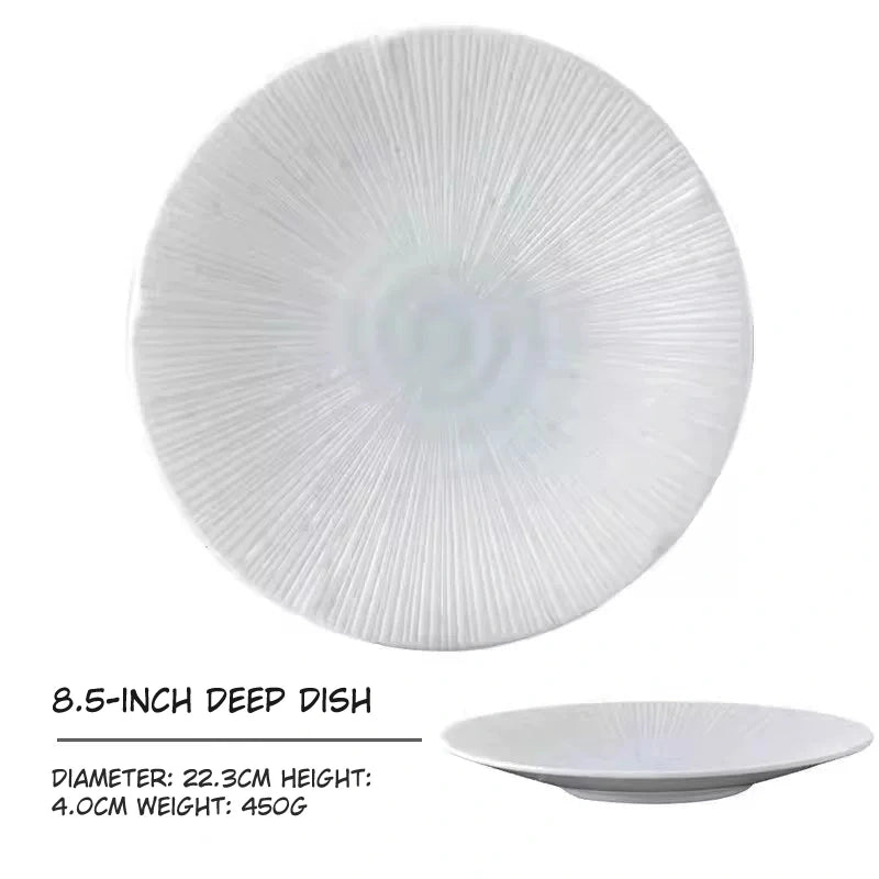 8.5 inch deep plate dimensions: 22.3cm dia, 4.0cm high, 450g weight.